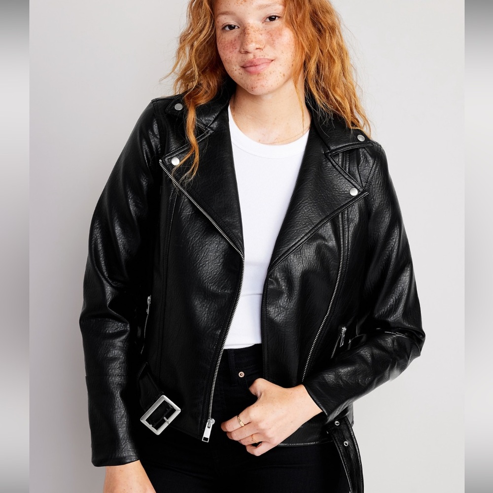 Faux leather belted biker jacket